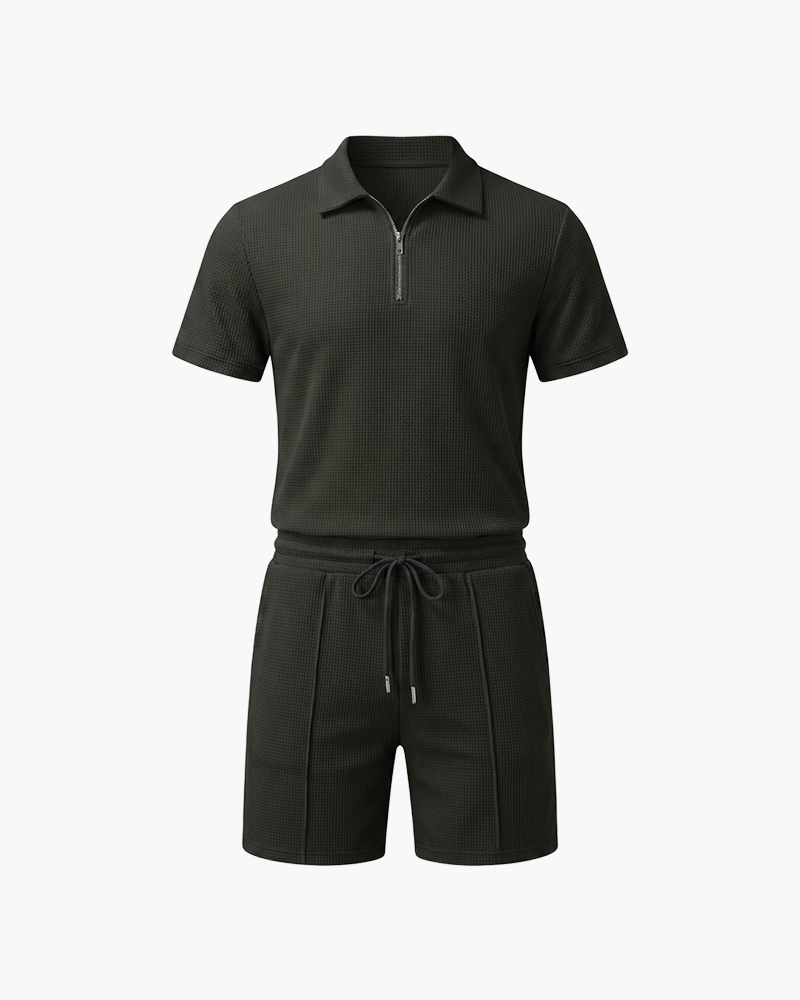 Black textured-knit zip polo and shorts set by Kingsley & Co