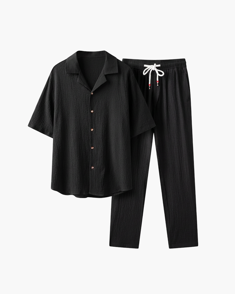 Black textured-knit shirt and trouser set by Kingsley & Co