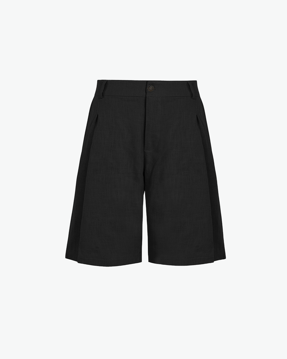 Black pleated tailored shorts by Kingsley & Co