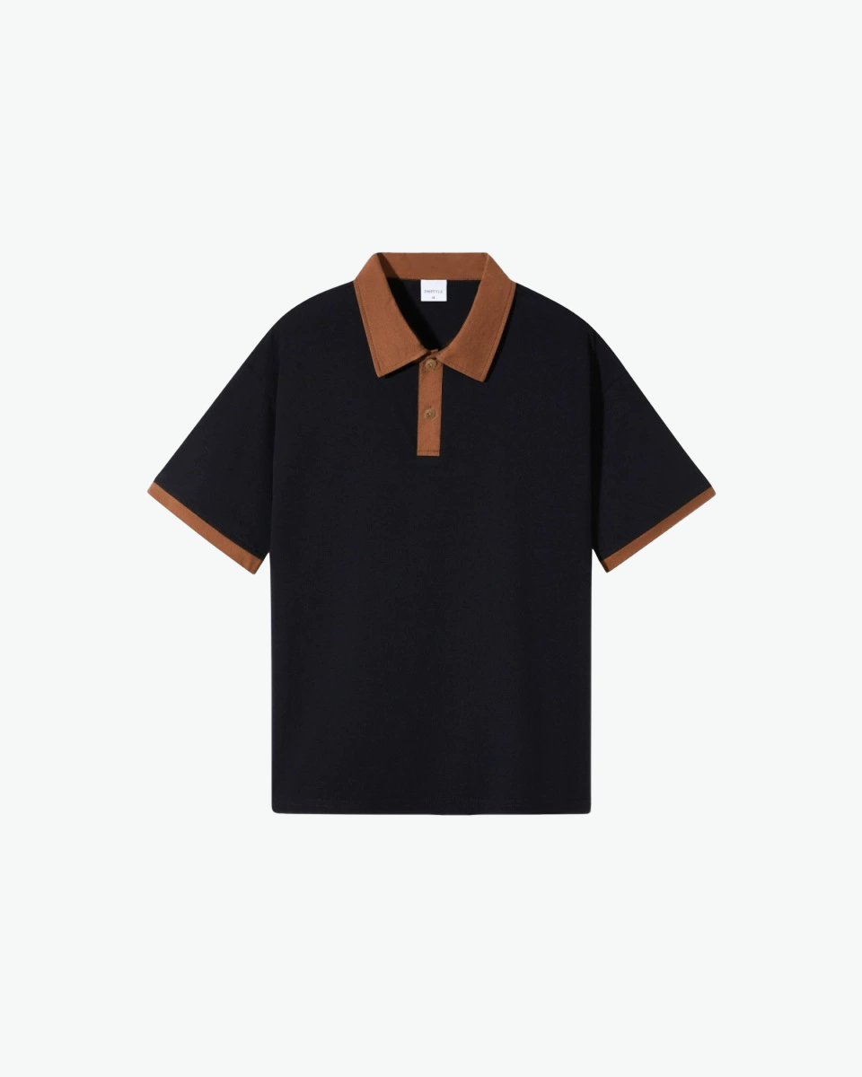 Kingsley & Co contrast-collar polo shirt, black body with tan collar