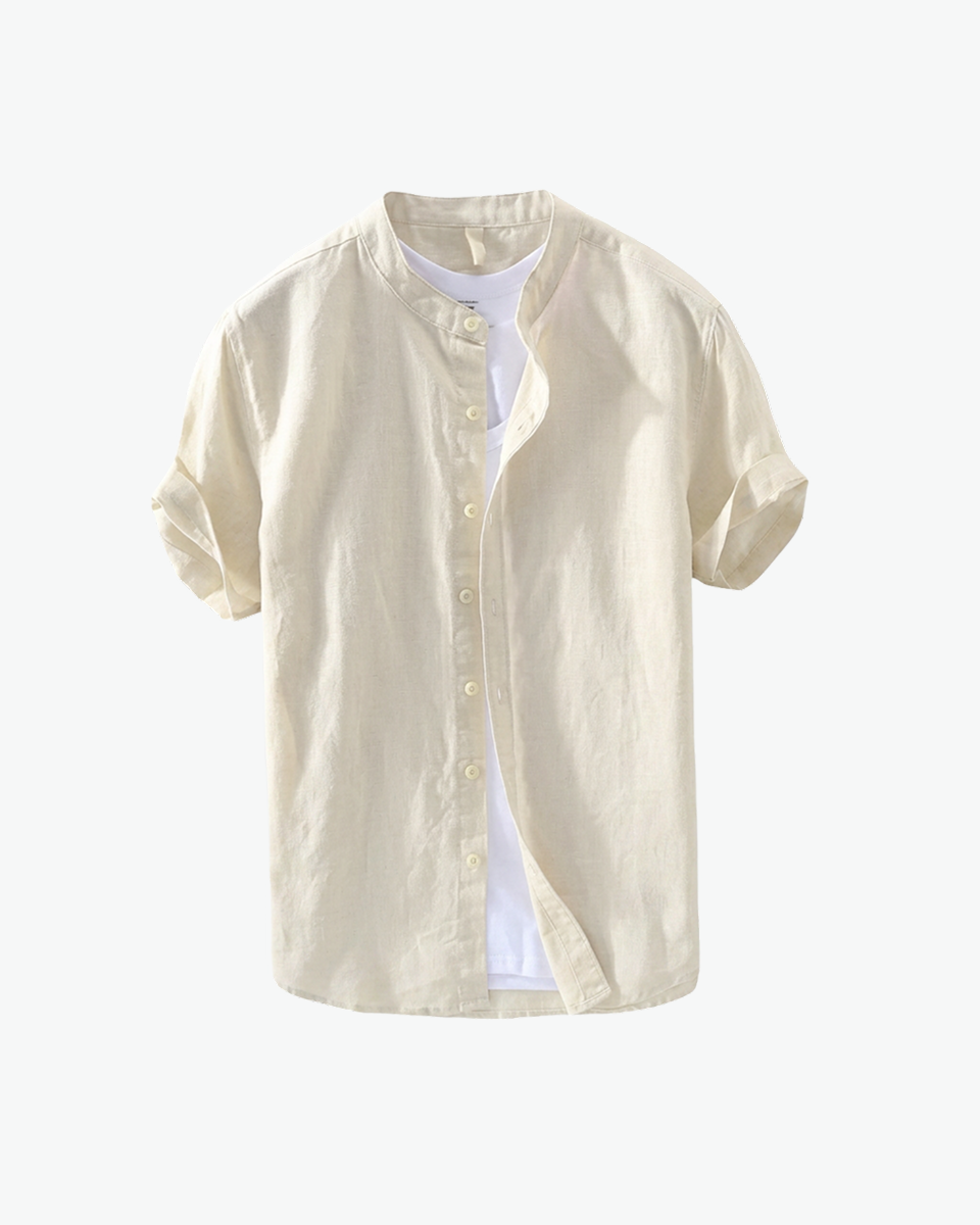 Cream band-collar short-sleeve linen shirt by Kingsley & Co