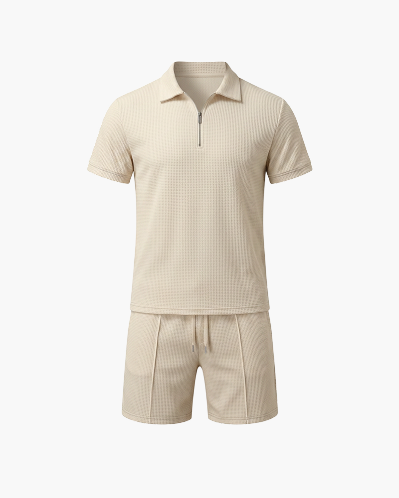 Cream textured-knit zip polo and shorts set by Kingsley & Co