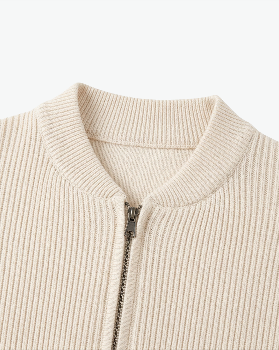 Kingsley & Co cream ribbed-knit zip cardigan, stand collar and zip detail