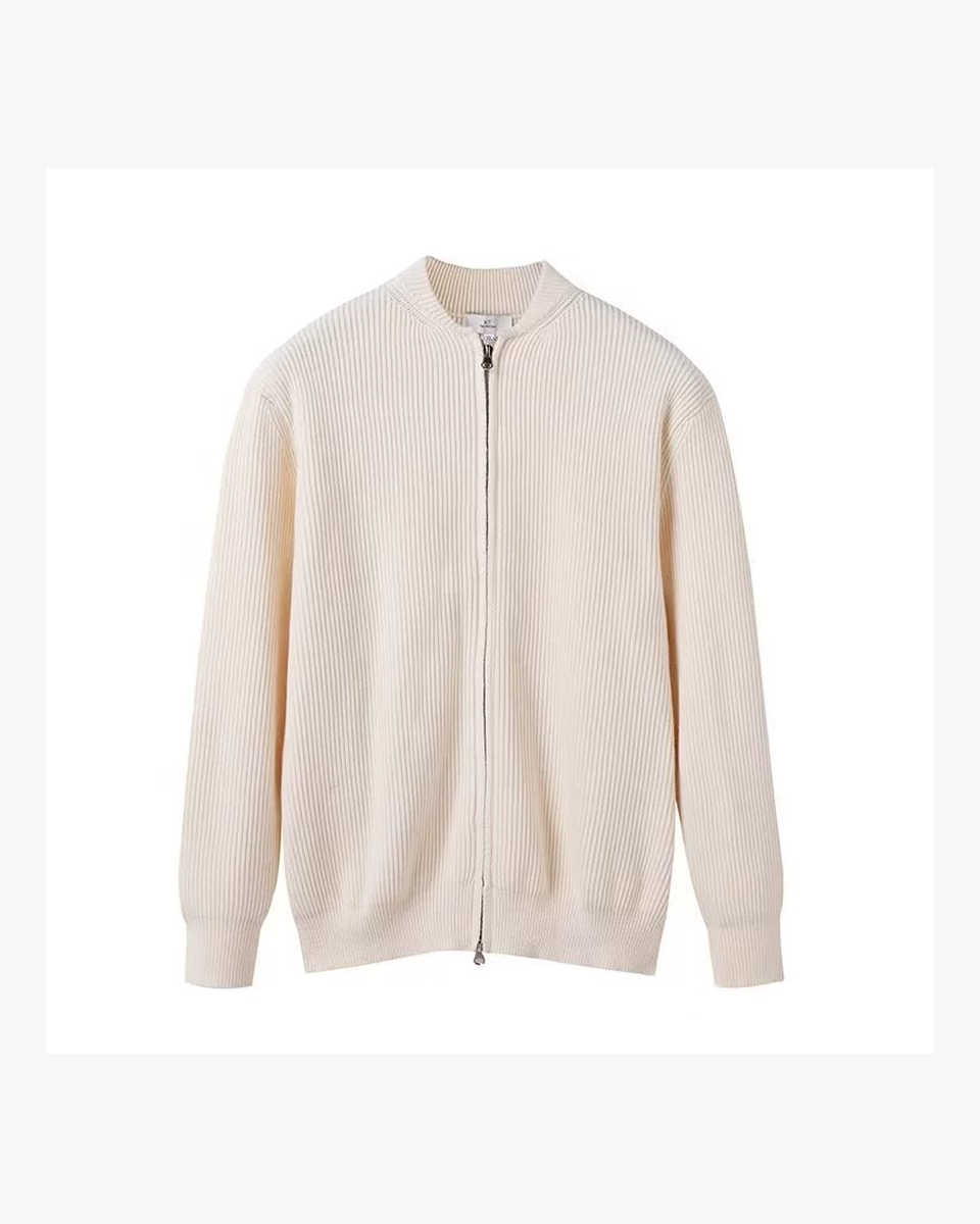 Kingsley & Co cream ribbed-knit zip cardigan, front