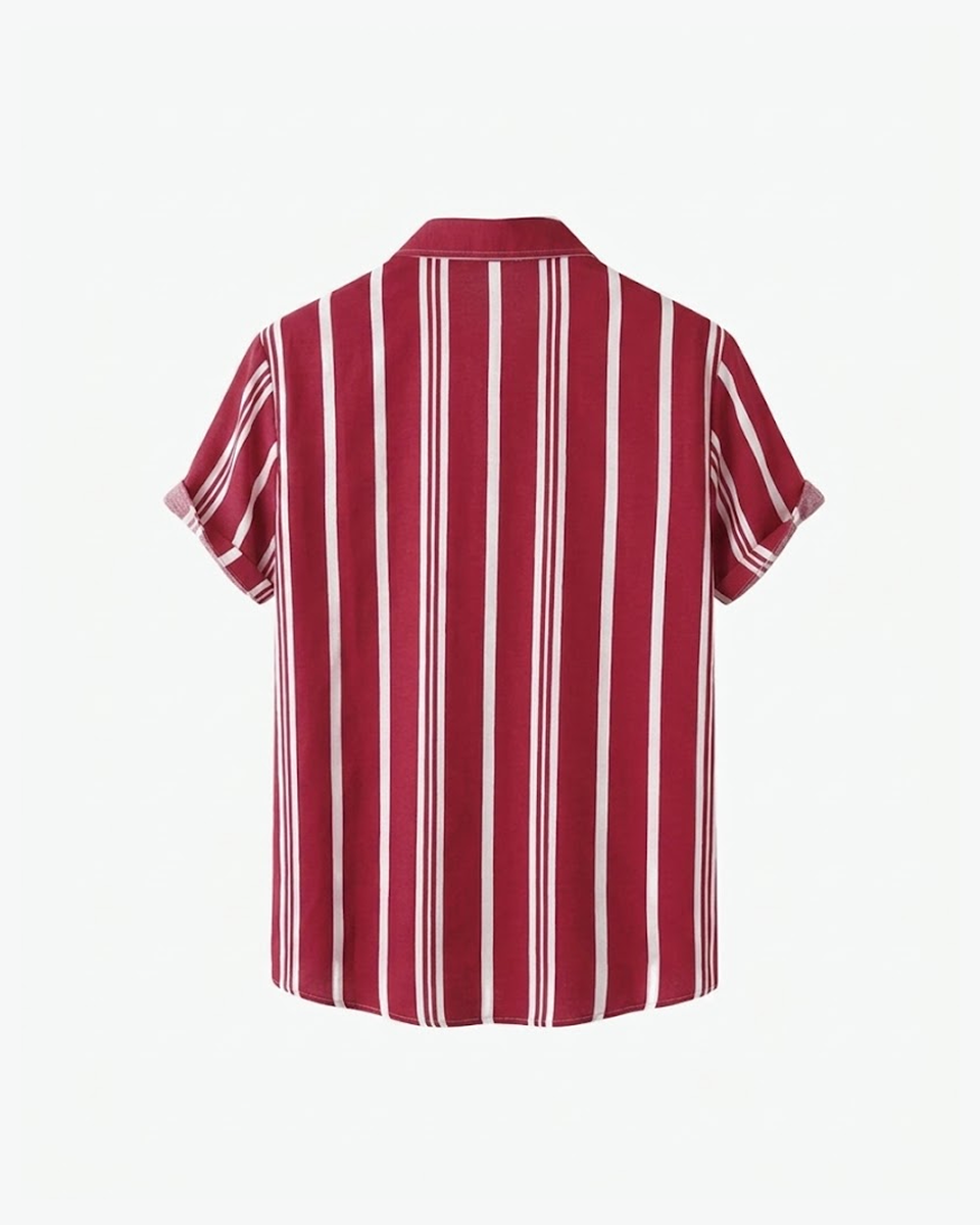 Kingsley & Co crimson and white striped camp-collar short-sleeve shirt, back