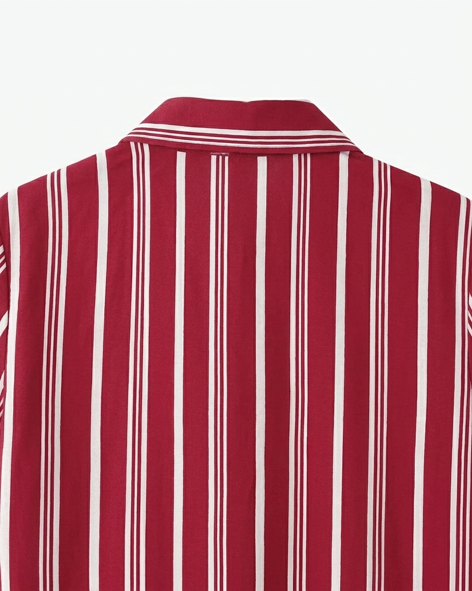 Kingsley & Co crimson and white striped camp-collar short-sleeve shirt, collar detail