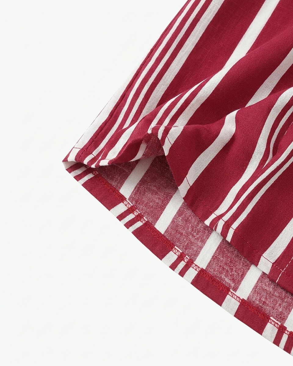 Kingsley & Co crimson and white striped camp-collar short-sleeve shirt, fabric and hem detail