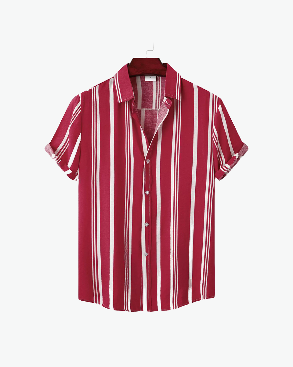 Kingsley & Co crimson and white striped camp-collar short-sleeve shirt