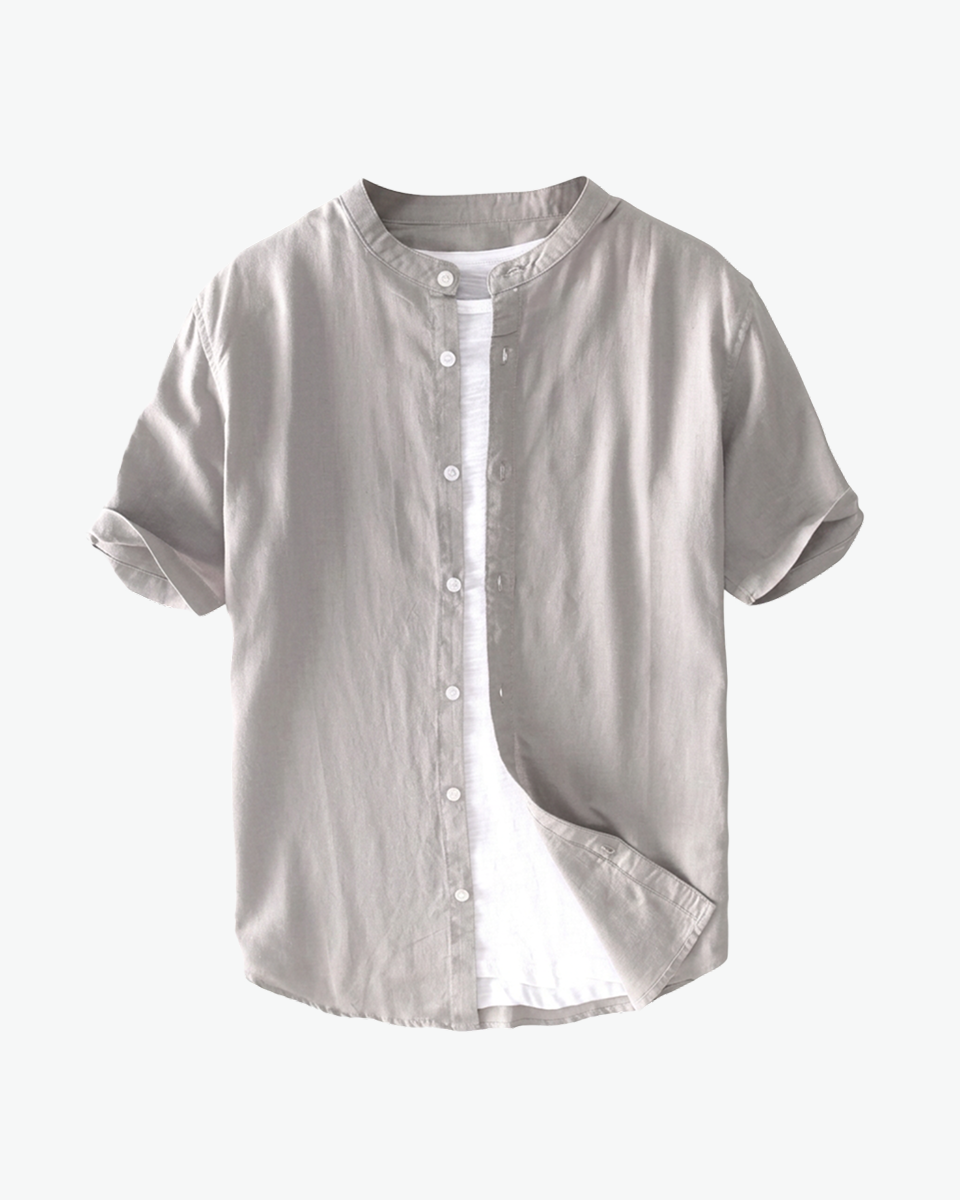 Grey band-collar short-sleeve linen shirt by Kingsley & Co