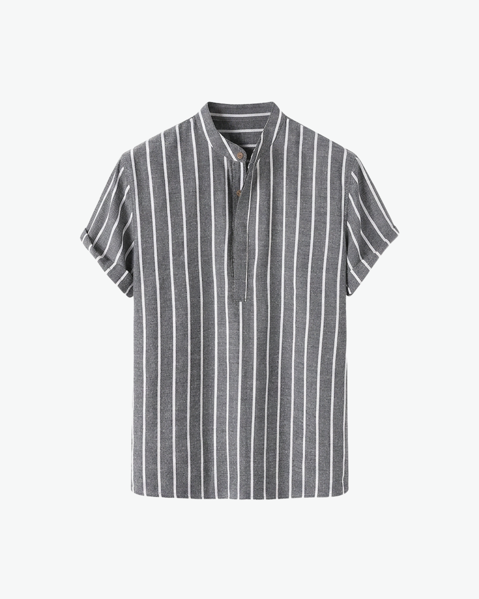Grey striped band-collar linen popover shirt by Kingsley & Co