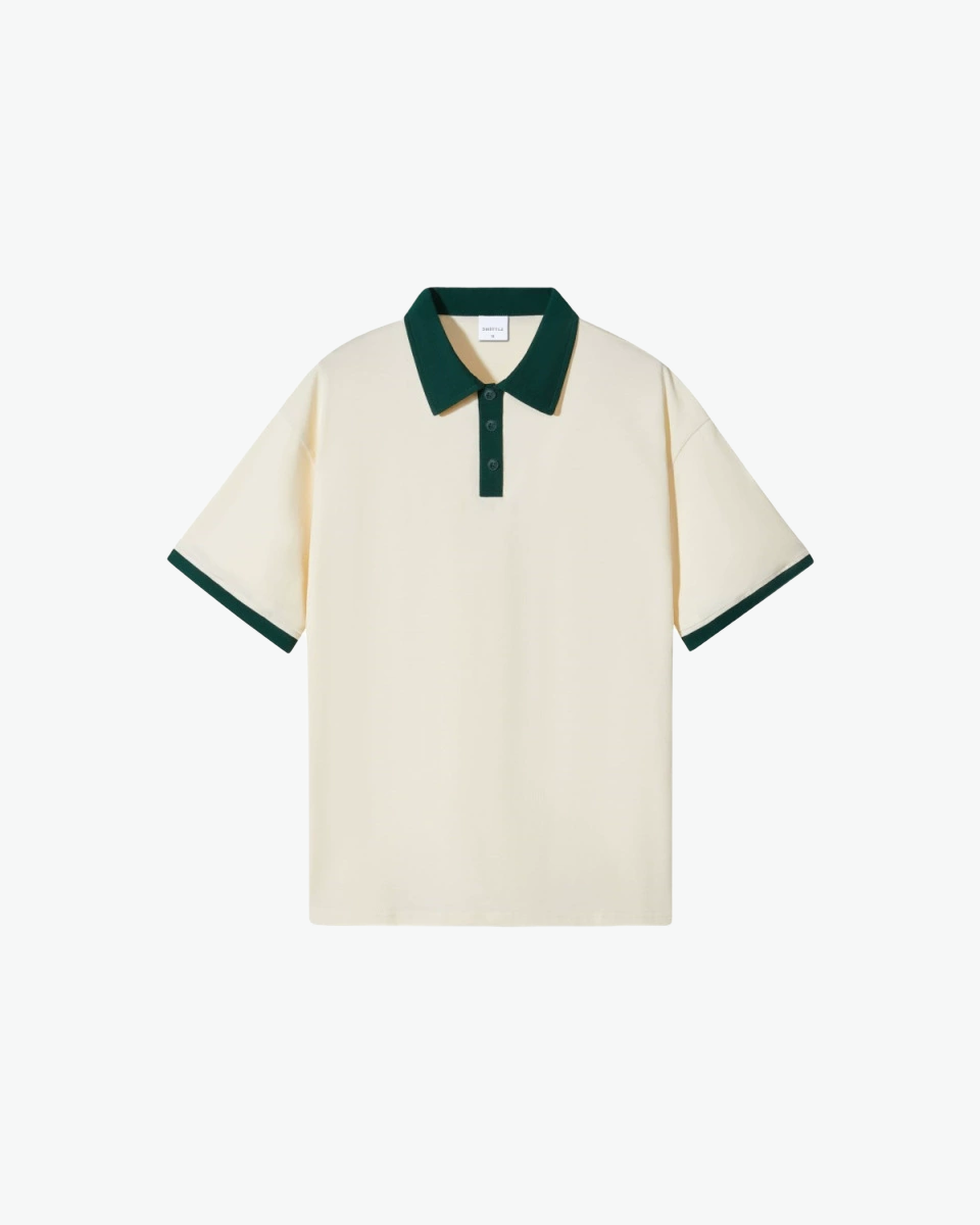 Kingsley & Co contrast-collar polo shirt, ivory body with green collar