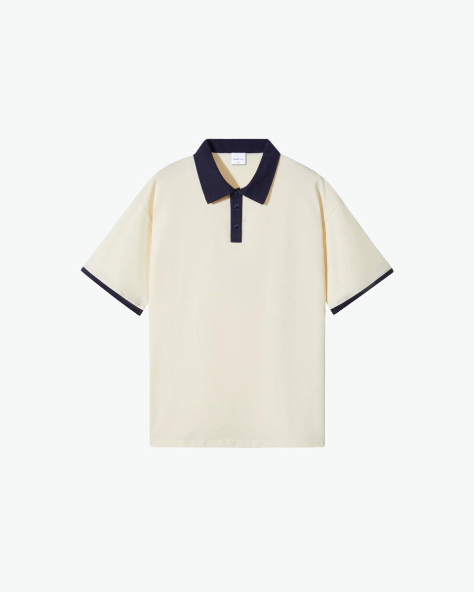 Kingsley & Co contrast-collar polo shirt, ivory body with navy collar