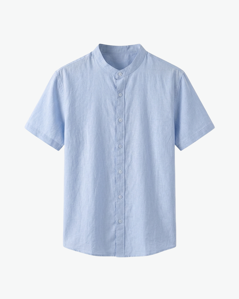 Light blue band-collar short-sleeve linen shirt by Kingsley & Co