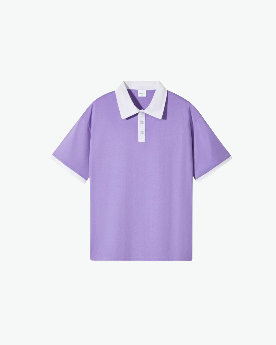 Kingsley & Co contrast-collar polo shirt, lilac body with white collar
