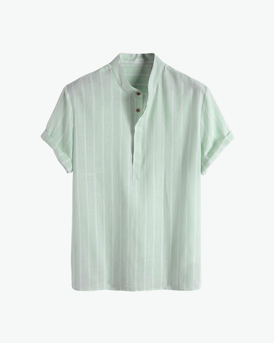 Mint striped band-collar linen popover shirt by Kingsley & Co