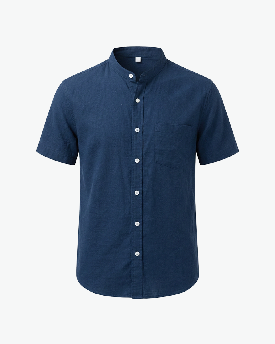 Navy short-sleeve linen shirt with chest pocket by Kingsley & Co
