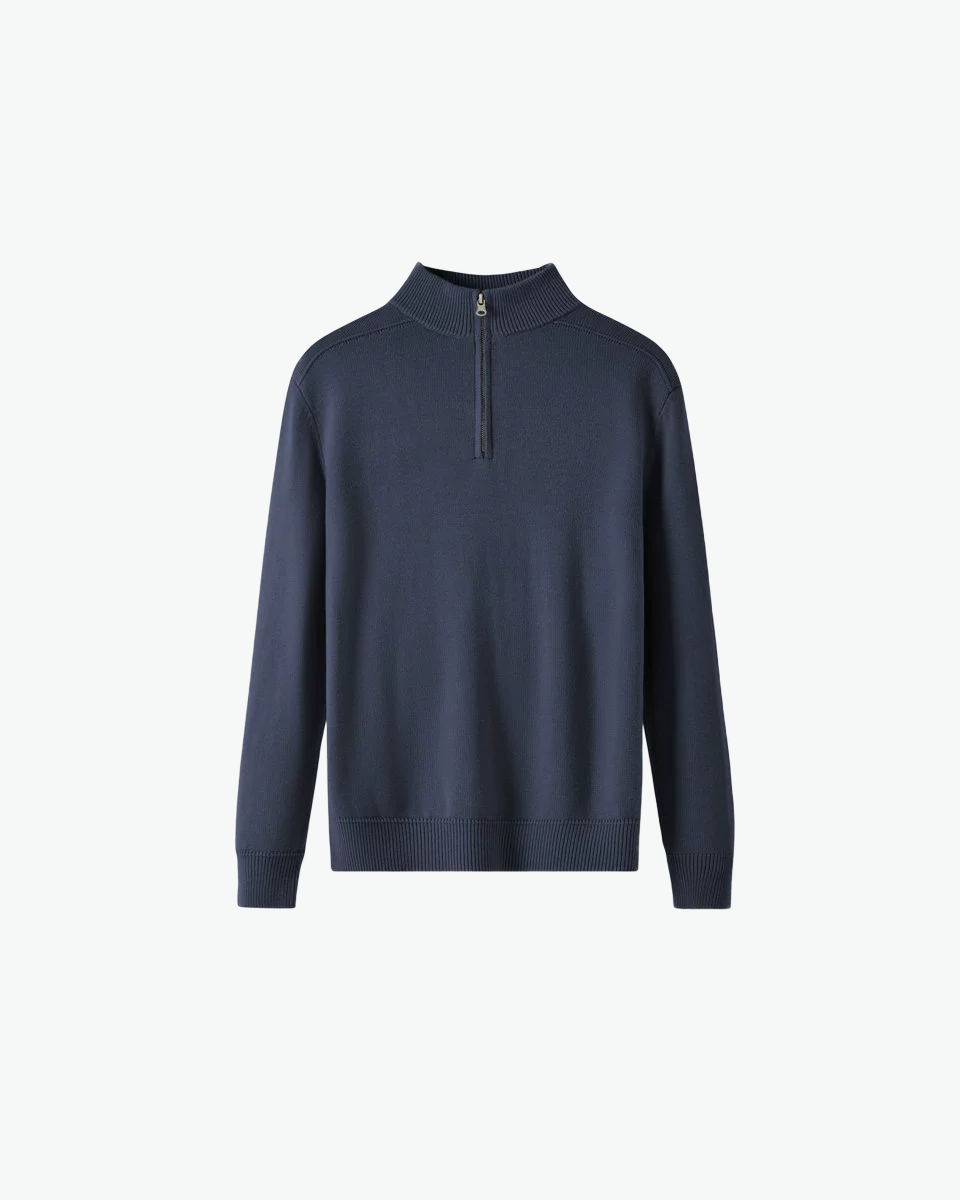 Navy quarter-zip knit sweater by Kingsley & Co
