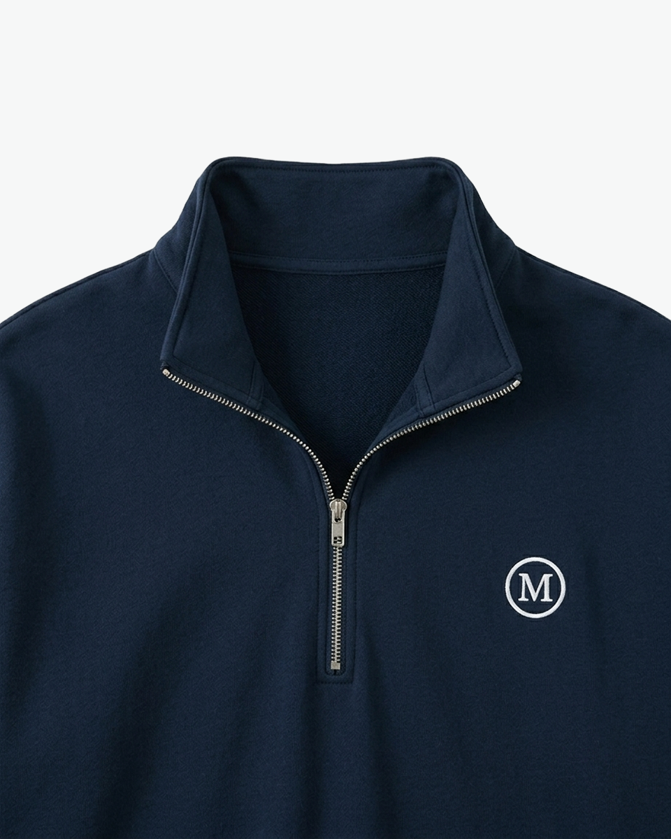Kingsley & Co navy quarter-zip sweatshirt, funnel neck and zip detail with chest badge