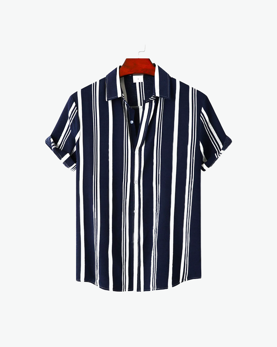Kingsley & Co navy and white striped camp-collar short-sleeve shirt