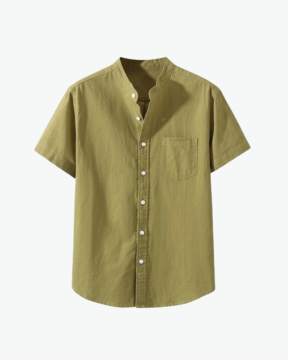 Olive short-sleeve linen shirt with chest pocket by Kingsley & Co
