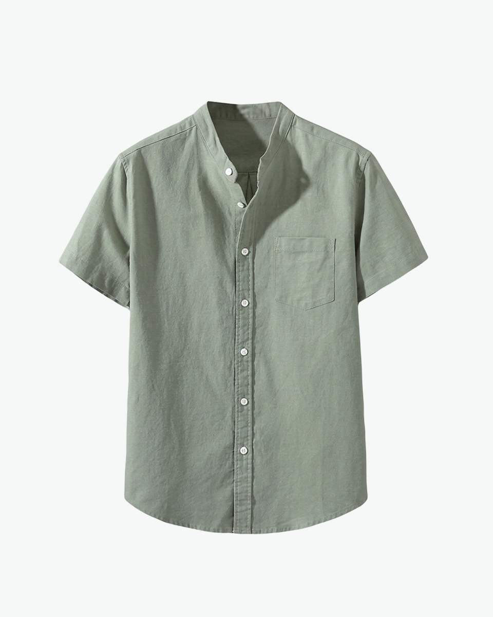 Sage green short-sleeve linen shirt with chest pocket by Kingsley & Co