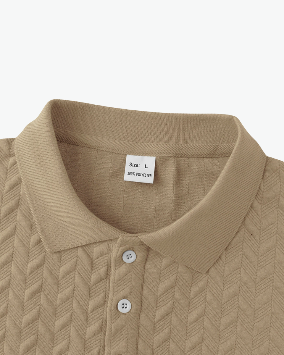 Kingsley & Co sand textured-knit polo shirt, ribbed collar and placket detail