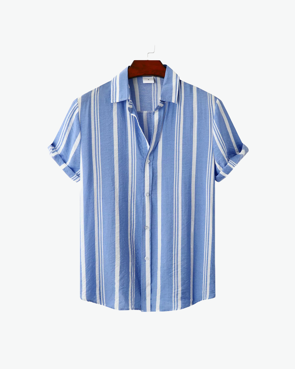 Kingsley & Co sky blue and white striped camp-collar short-sleeve shirt