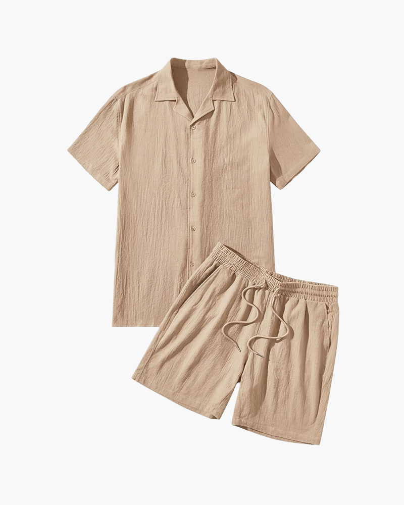 Tan textured-knit shirt and shorts set by Kingsley & Co