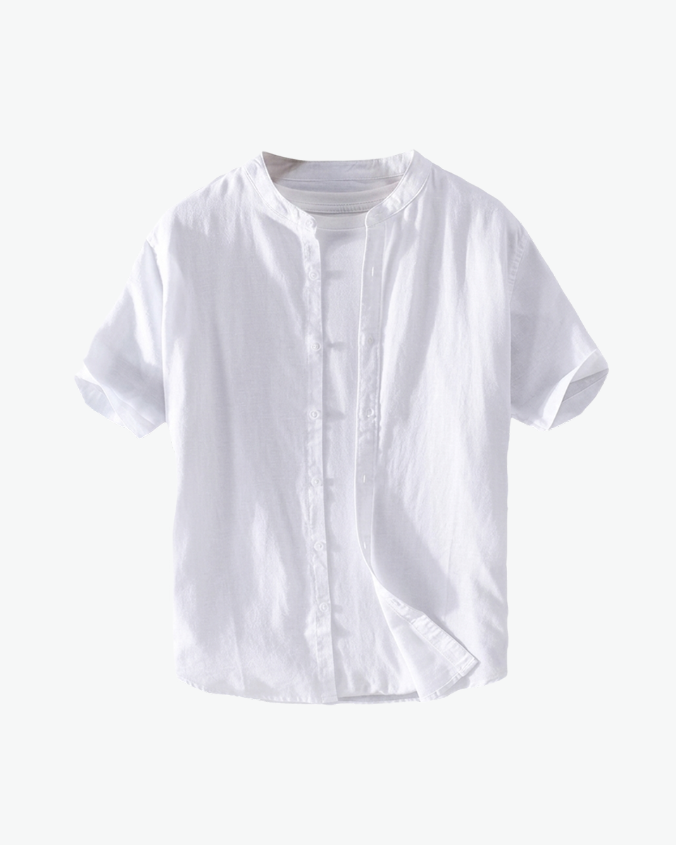 White band-collar short-sleeve linen shirt by Kingsley & Co