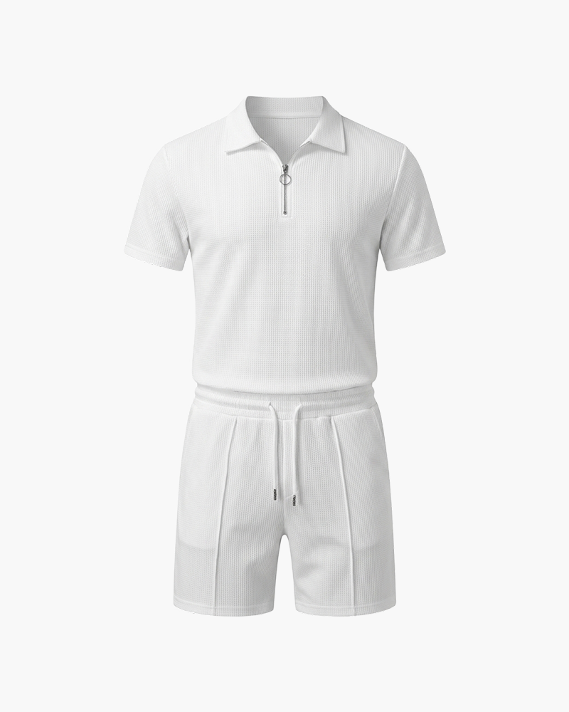 White textured-knit zip polo and shorts set by Kingsley & Co