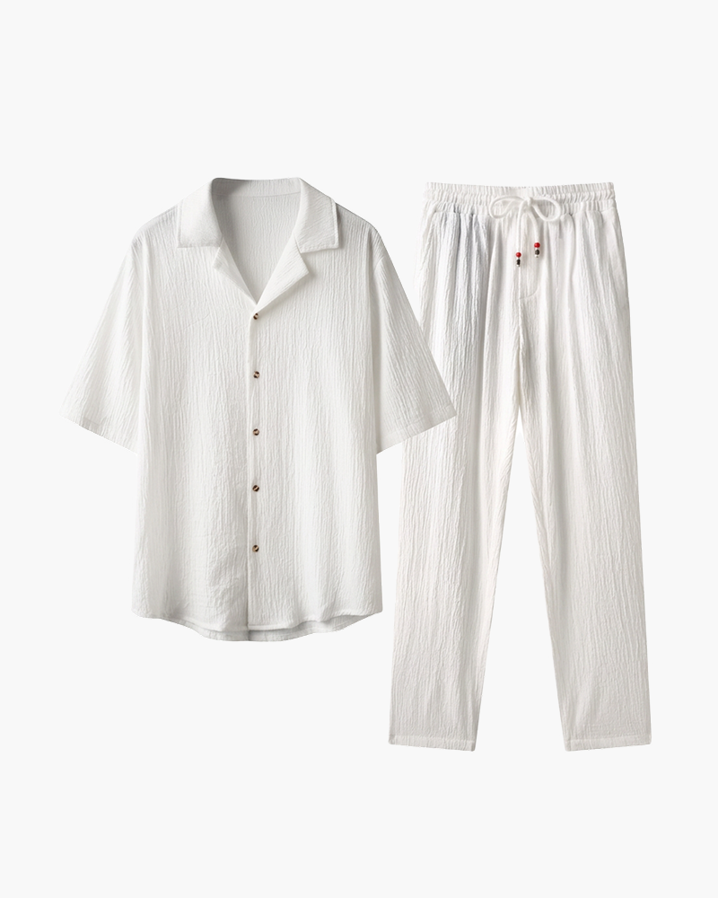 White textured-knit shirt and trouser set by Kingsley & Co
