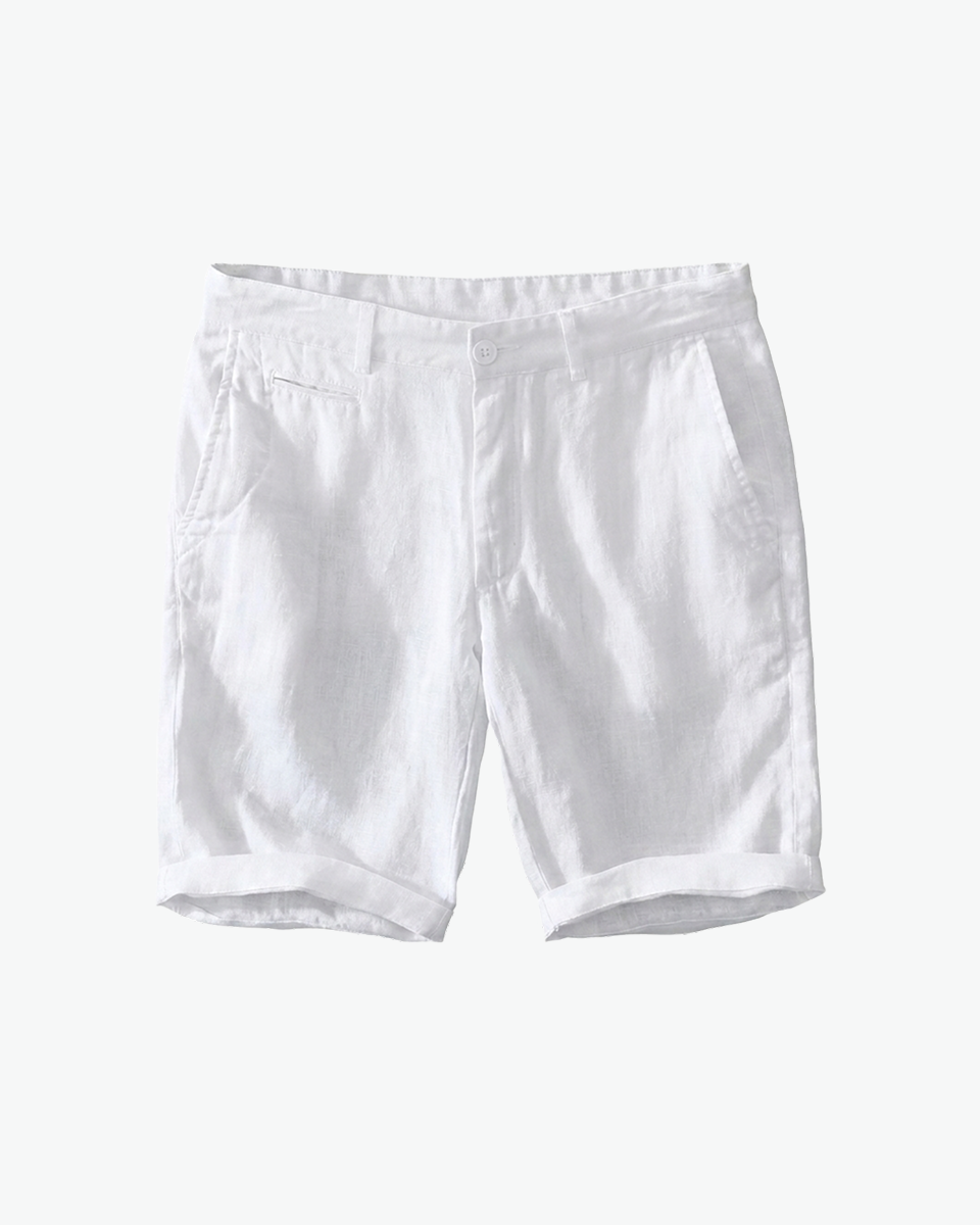 White linen chino shorts by Kingsley & Co