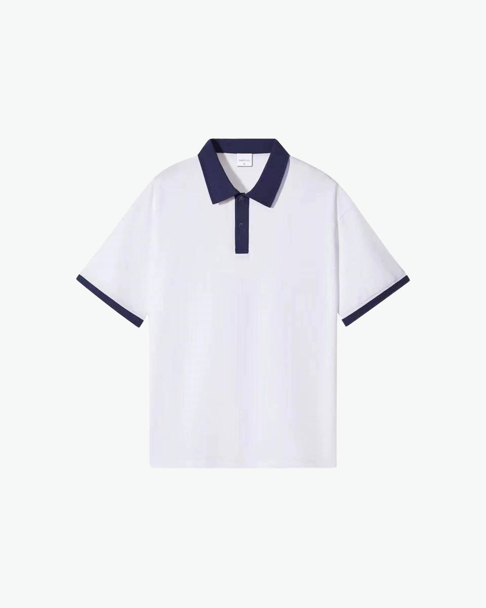 Kingsley & Co contrast-collar polo shirt, white body with navy collar