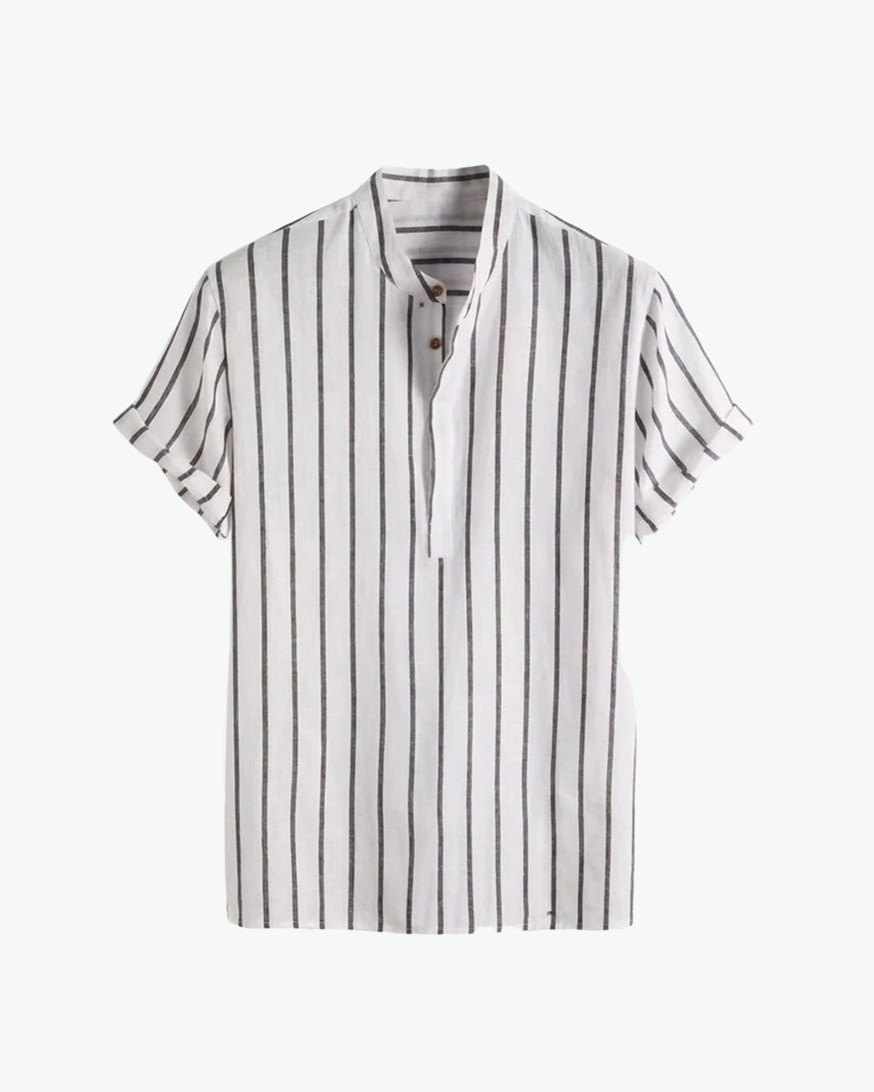 White striped band-collar linen popover shirt by Kingsley & Co