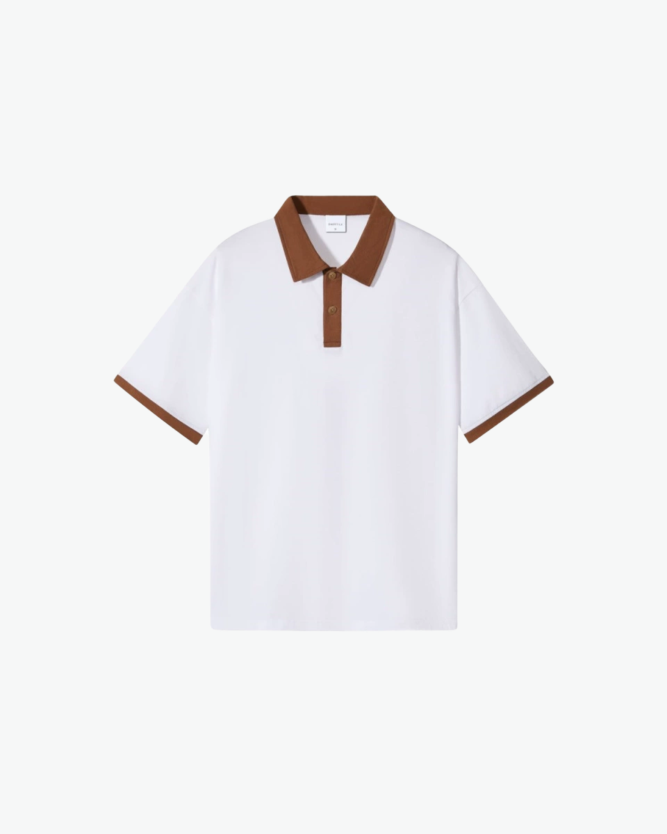 Kingsley & Co contrast-collar polo shirt, white body with tan collar